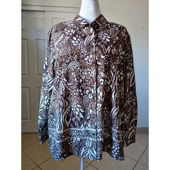BonWorth Womens XL Button Up Blouse Long Sleeve Brown Black Animal Print Classic - Picture 2 of 15